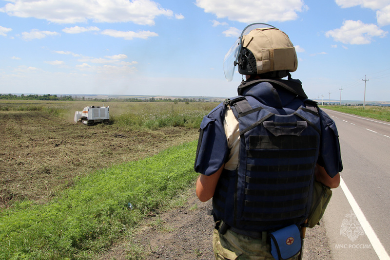 В Тельмановском районе ДНР саперы МЧС России разминируют территорию для строительства новой дороги